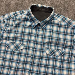 Kuhl Eluxur Shirt Mens XL Blue Plaid Pearl Snap Gorpcore Outdoor Hiking Western